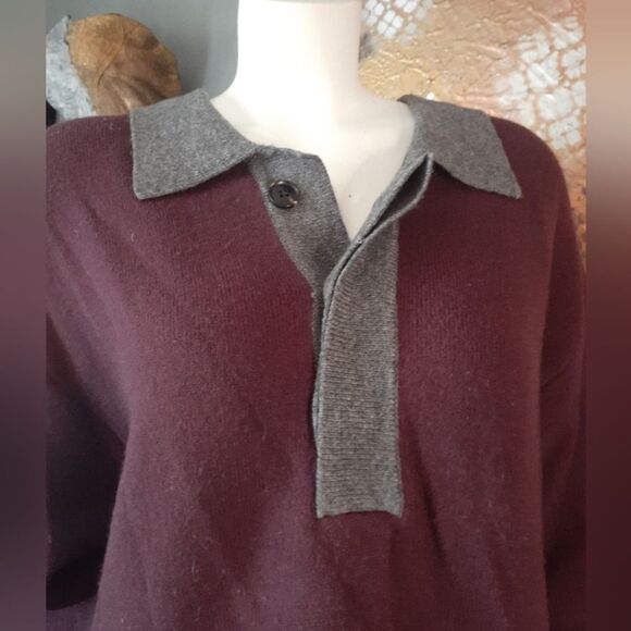 Zara Wool Blend Burgundy Polo Style Sweater with Gray Collar - Picture 2 of 14